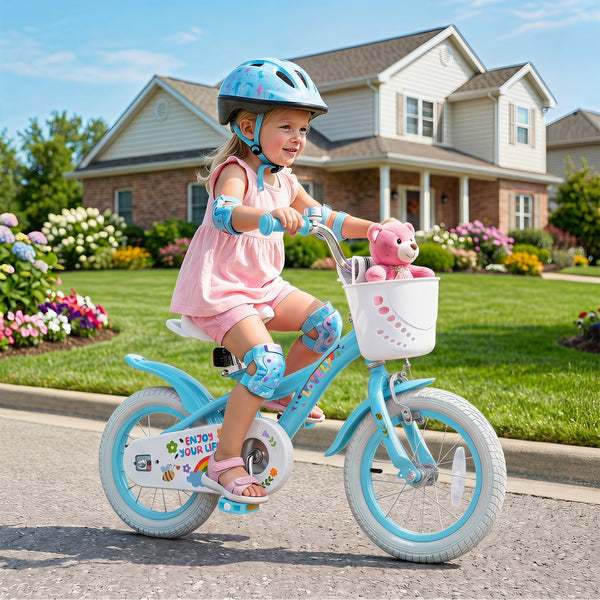 12-inch girls bike for ages 3-4, blue with training wheels and basket, perfect for spring parties.