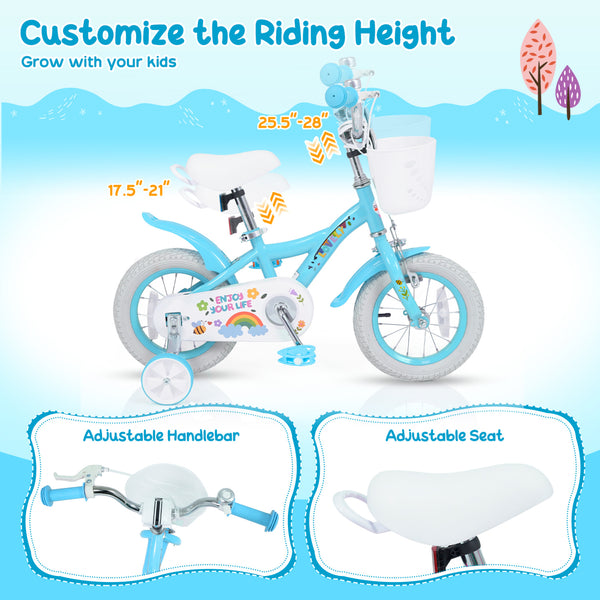 12-inch girls bike for ages 3-4, blue with training wheels and basket, perfect for spring parties. Angle 5 view.