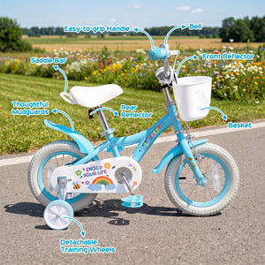 12-inch girls bike in spring party blue with training wheels and basket for 3-4 years old, angled view.