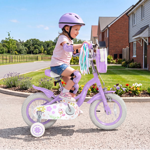 12-inch purple girls bike with front bag and streamers for 3-4 years old, perfect for fun outdoor adventures.