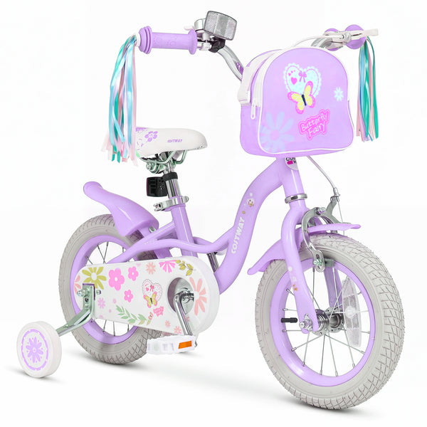 Purple 12-inch girls bike with front bag and streamers for 3-4 years, viewed from angle 2.