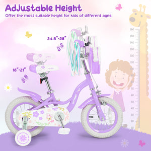 Purple 12-inch girls bike with front bag and streamers for 3-4 years, angled view showcasing design and features.