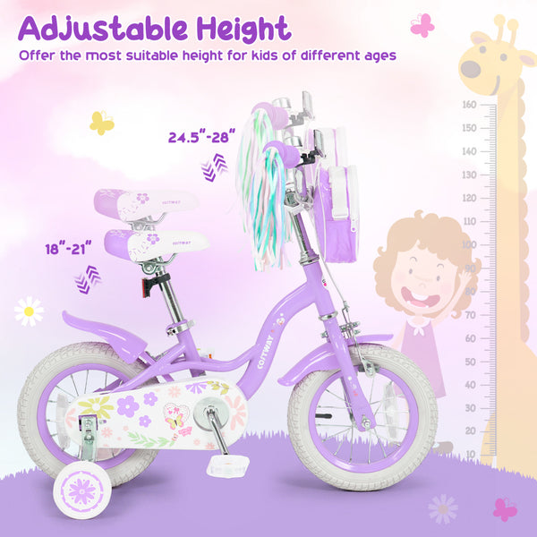 Purple 12-inch girls bike with front bag and streamers for 3-4 years, angled view showcasing design and features.
