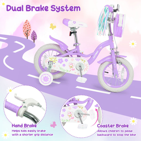 Purple 12-inch girls bike with front bag and streamers for 3-4 years, angled view showcasing design and features.