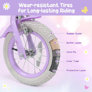 Purple 12-inch girls bike with front bag and streamers for 3-4 years, shown at angle 6. Perfect for little riders!