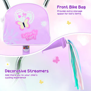 Purple 12-inch girls bike with front bag and streamers for 3-4 years, angled view showcasing design and features.