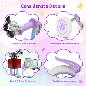 12-inch purple girls bike with front bag and streamers for 3-4 years, angled view showcasing design and features.