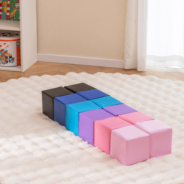 Soft foam building blocks set for kids, 12 colorful cubes for climbing and play, angle view.