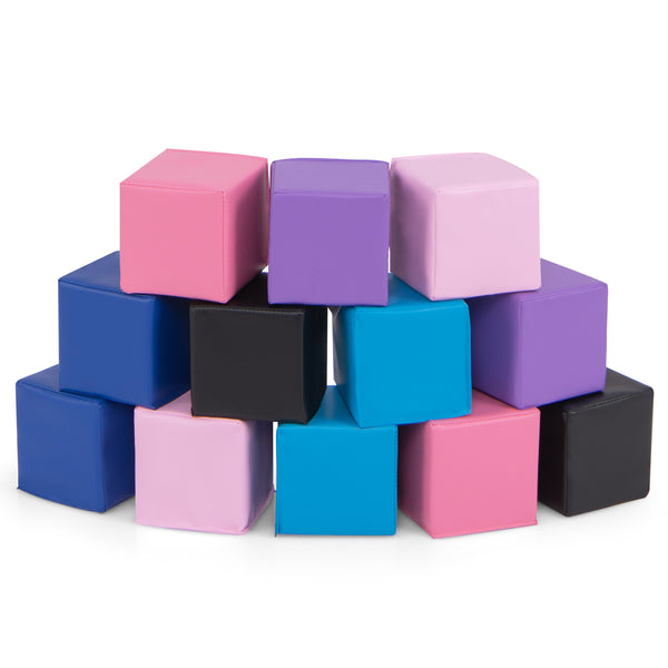 Soft foam building blocks set for kids, 12 colorful cubes for climbing and play, angle view.