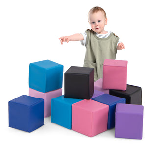 Soft foam building blocks set for kids, 12 colorful cubes for climbing and play, enhancing creativity and motor skills.