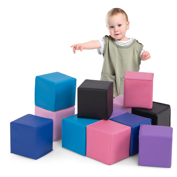 Soft foam building blocks set for kids, 12 colorful cubes for climbing and play, enhancing creativity and motor skills.