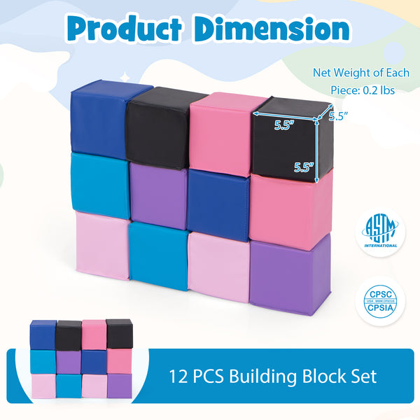Soft foam building blocks set for kids, 12 colorful cubes for climbing and play, perfect for safe indoor fun.