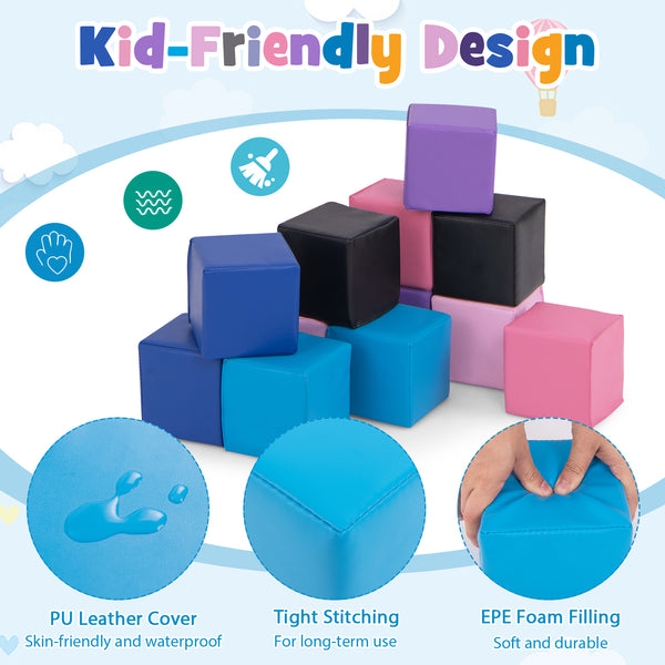 Soft foam building blocks set for kids, 12 colorful cubes for climbing and play, perfect for safe indoor fun.