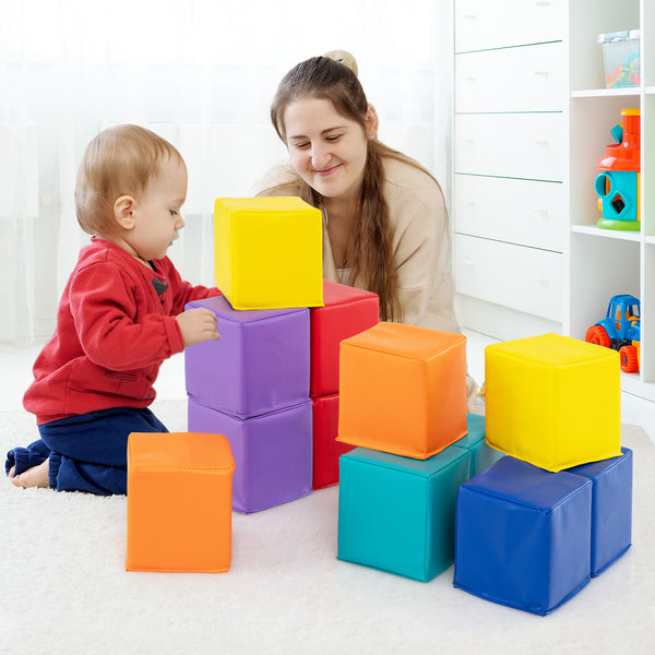 Soft foam building blocks set for kids, 12 colorful cubes for climbing and play, perfect for safe indoor fun.
