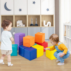 Soft foam building blocks set for kids, 12 colorful cubes for climbing and play, angle view.