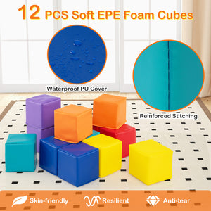 Soft foam building blocks set for kids, 12 colorful cubes for climbing and play, perfect for safe indoor fun.