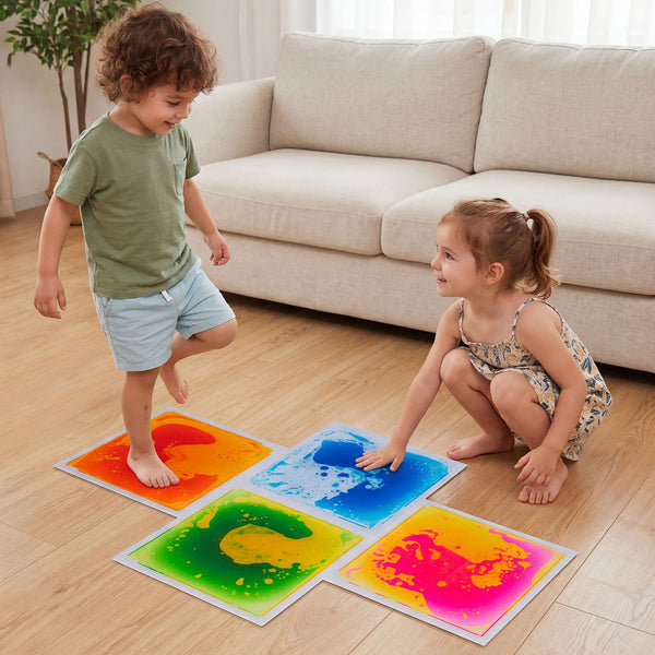 Colorful 12" x 12" toddler sensory floor tiles in a playful arrangement, perfect for activity mats and gyms.