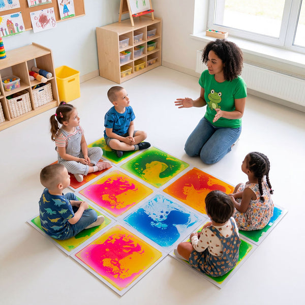Colorful 12" x 12" toddler sensory floor tiles in a playful arrangement, perfect for activity mats and gyms.