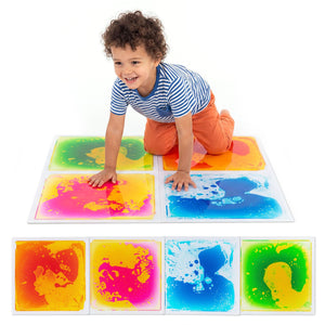 Colorful 12" x 12" toddler sensory floor tiles in a playful arrangement, perfect for activity mats and gyms.