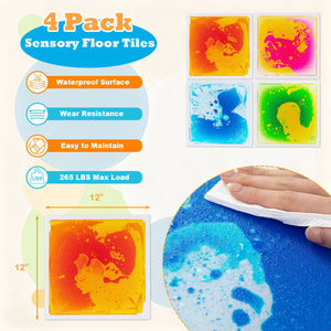 Colorful 12" x 12" toddler sensory floor tiles in a playful arrangement, perfect for activity mats and gyms.