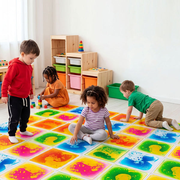 Colorful 12" x 12" toddler sensory floor tiles in a playful arrangement, perfect for activity mats and gyms.