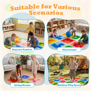 Colorful 12" x 12" toddler sensory floor tiles in a playful arrangement, perfect for activity mats and gyms.
