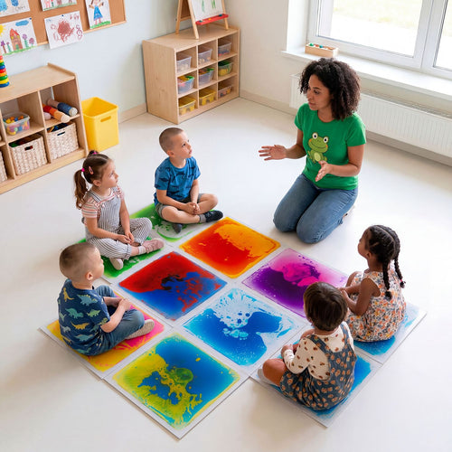 Colorful 12" x 12" toddler sensory floor tiles in a playful arrangement, perfect for activity mats and gyms.