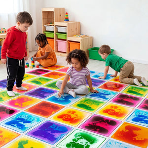 Colorful 12" x 12" toddler sensory floor tiles, perfect for activity mats and gyms, set of 4 pieces.