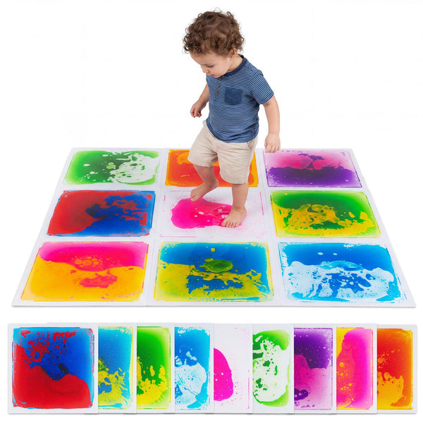 Toddler sensory floor tiles set, 12"x12", 9-piece, colorful activity mats for engaging playtime.
