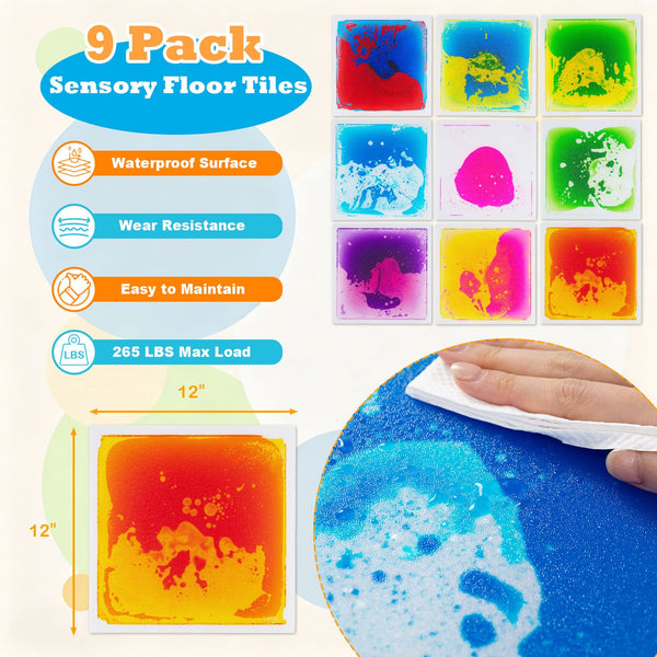 Colorful 12" x 12" toddler sensory floor tiles in a playful arrangement, perfect for activity mats and gyms.