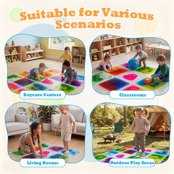 Colorful 12" x 12" toddler sensory floor tiles, 4-piece set, perfect for playtime and sensory activities.