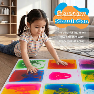 Colorful 12" x 12" toddler sensory floor tiles in a playful arrangement, perfect for activity mats and gyms.
