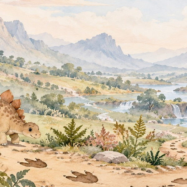 Footprint Valley Dinosaur shower curtain, close up of the watercolor artwork