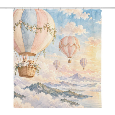 Hot Air Balloon Festival shower curtain, full front view of the 71 x 74 in fabric curtain