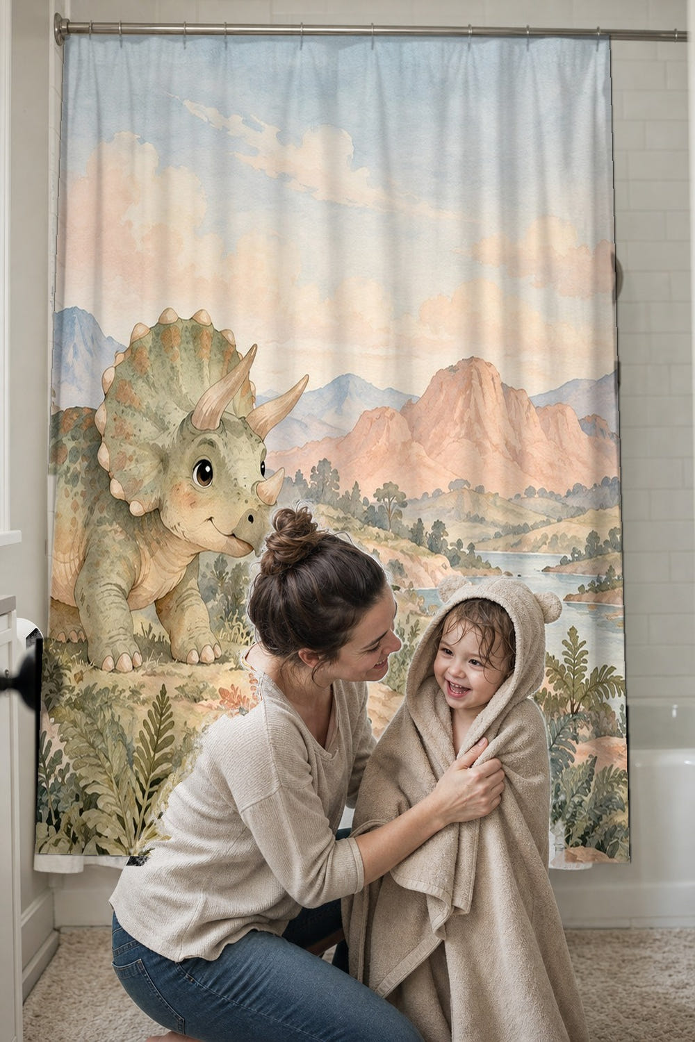 Baby Triceratops Dinosaur shower curtain, full front view of the 71 x 74 in fabric curtain