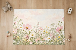 Top view of the Cosmos and Daisy Meadow kids area rug on a wood floor