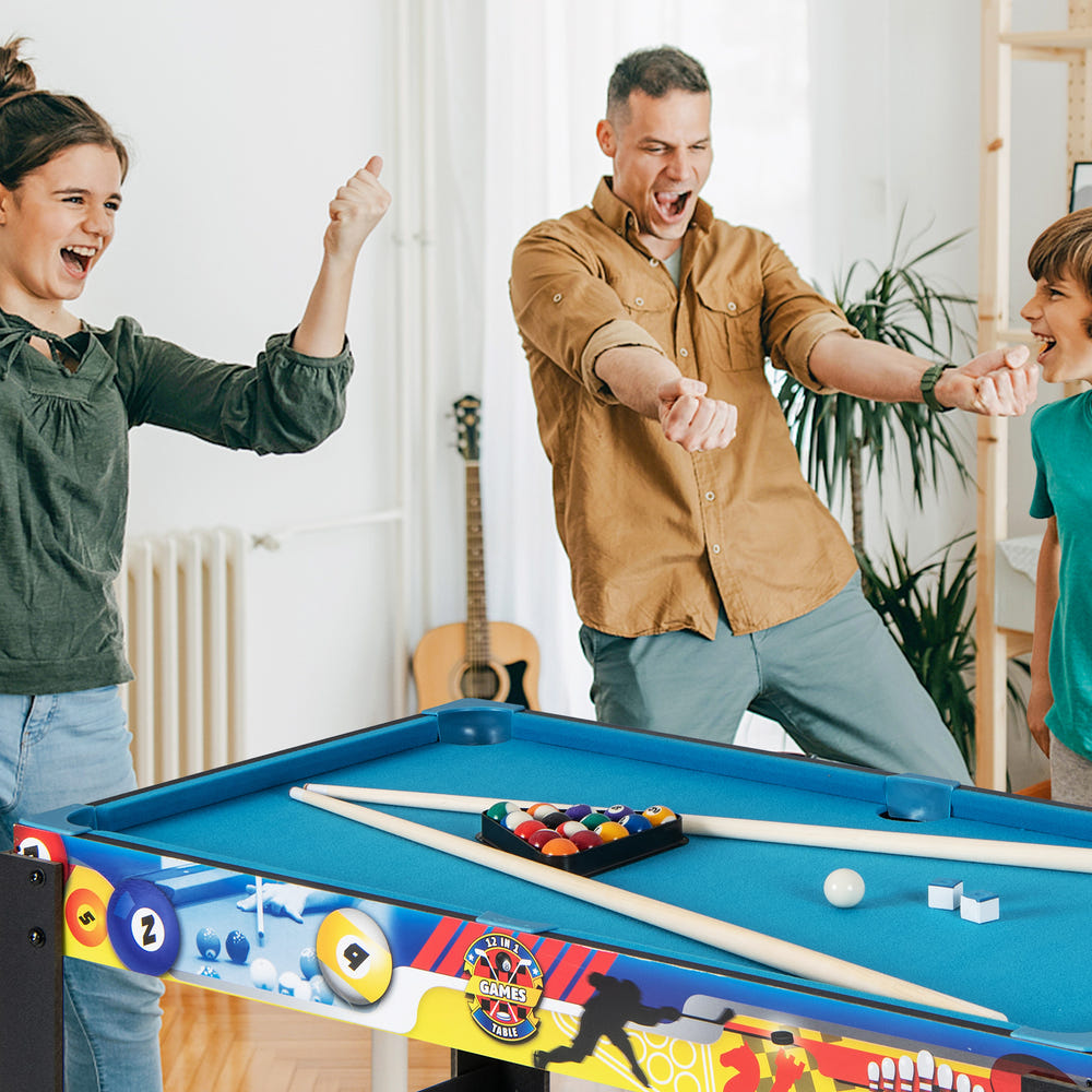 12-in-1 Combo Game Table Set for kids featuring foosball, air hockey, pool, chess, and ping pong. Perfect for playtime!