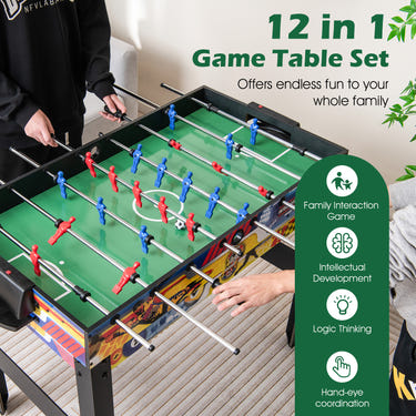 12-in-1 Combo Game Table Set for kids featuring foosball, air hockey, pool, chess, and ping pong. Perfect for playtime!