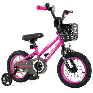 12-inch adjustable kids bike with front basket, perfect for children aged 3, shown from angle 3.