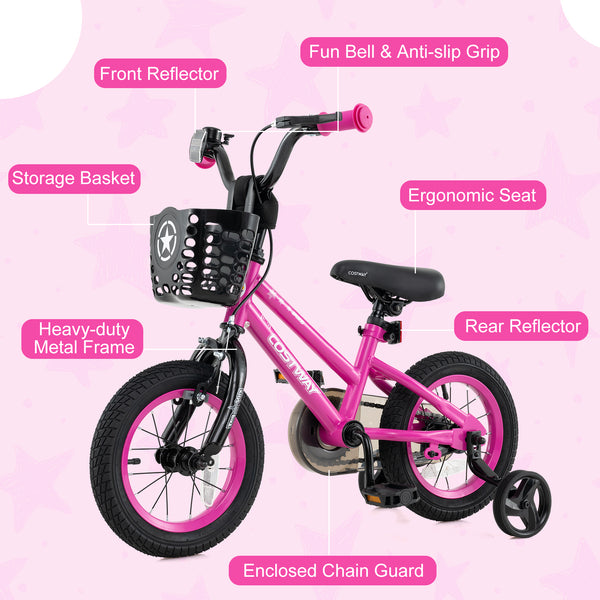 12-inch adjustable kids bike with front basket for children aged 3, shown at angle 8. Perfect for outdoor fun!