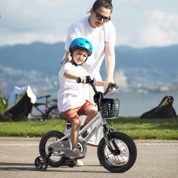 12-inch adjustable kids bike with transparent chain cover, perfect for 3-year-olds. Safe and fun toy for outdoor play.