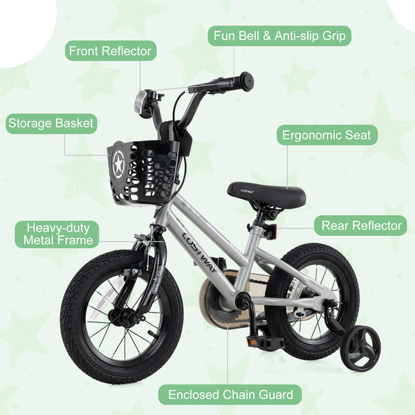 12-inch kids bike with adjustable seat and transparent chain cover, perfect for 3-year-olds. Angle view.