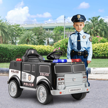12V battery-powered electric vehicle for kids, featuring 3 speeds and a megaphone, in sleek black design.