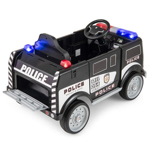 Black 12V battery-powered electric vehicle for kids with 3 speeds and megaphone, perfect for outdoor play.