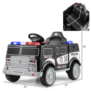 12V battery-powered electric vehicle for kids, 3 speeds, megaphone, black - angle view. Perfect toy for outdoor fun!