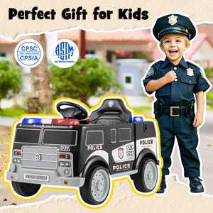 12V battery-powered electric vehicle for kids, featuring 3 speeds and a megaphone, in sleek black design.