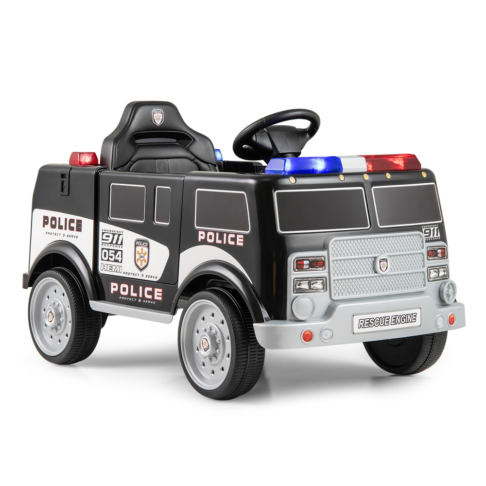 12V battery-powered electric vehicle for kids, featuring 3 speeds and a megaphone, in sleek black design.