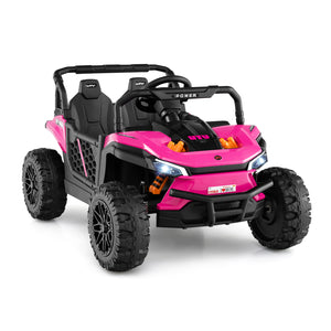 12V kids ride-on truck UTV with parental remote, off-road design, and lights - angle view.