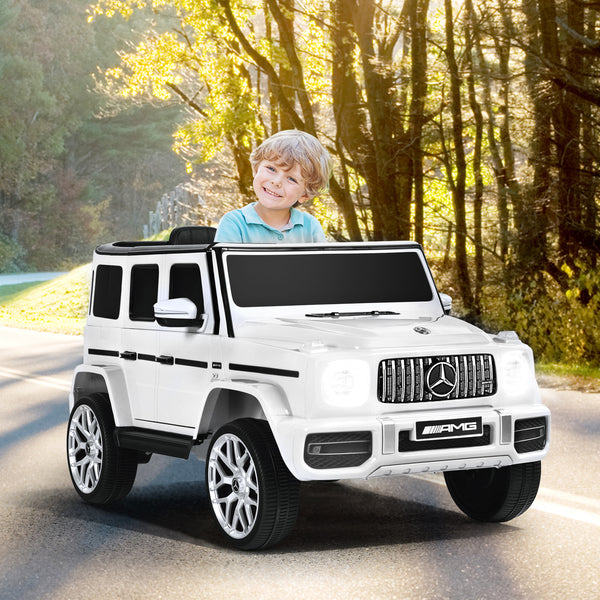 12V Mercedes-Benz G63 kids ride-on car with remote control, angled view showcasing design and features.