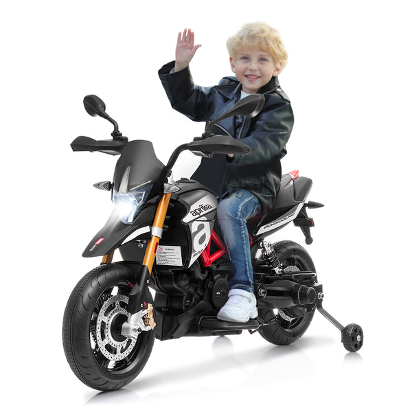 12V Aprilia licensed kids ride-on motorcycle with sounds and music, angled view showcasing its fun design.